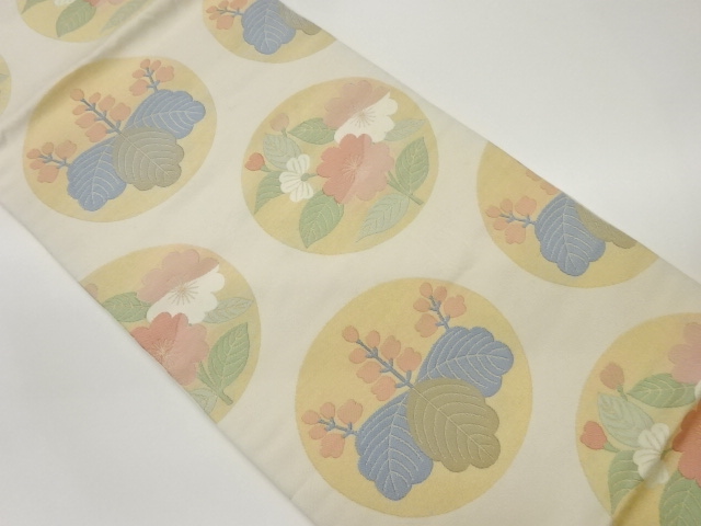 織悦製　丸文に桐・草花模様織出し全通袋帯